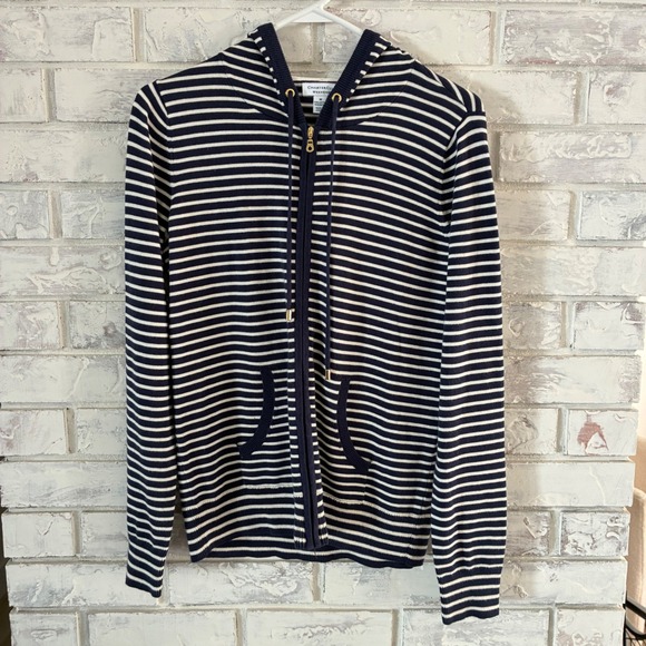 Charter Club Tops - Charter Club Weekend Navy White Striped Full Zip Knit Hoodie Sweater Medium